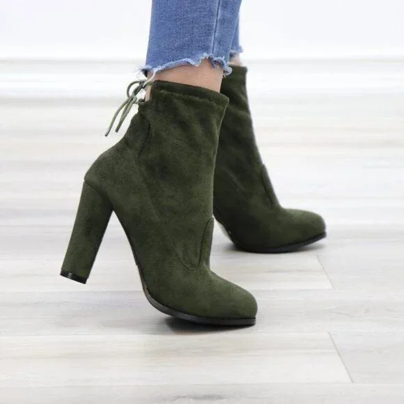 Ankle Heeled Boots High Block Heel Round Toe Olive Green Faux Suede High Shaft - Picture 6 of 15